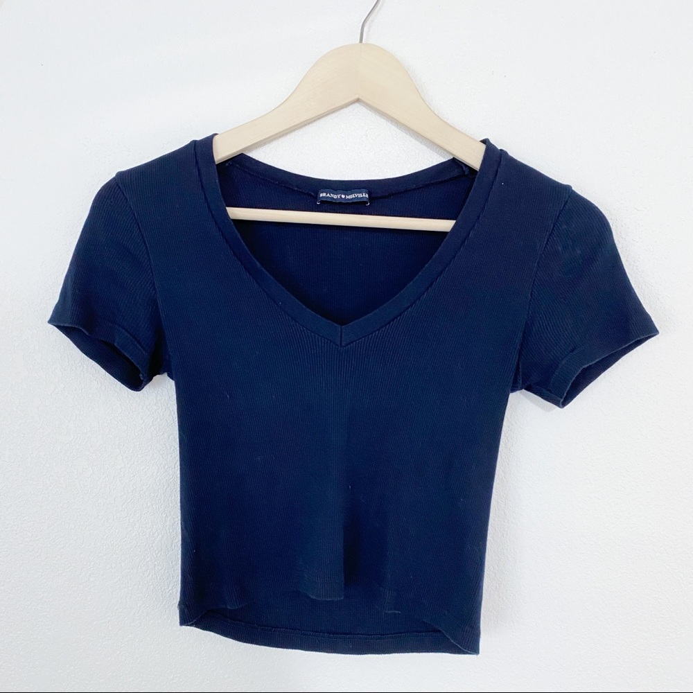 Brandy Melville navy blue crop v-neck ribbed top